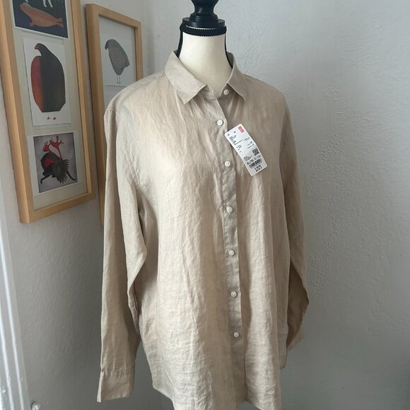 Uniqlo Tops - NWT Uniqlo 100% Linen Beige Button Down Blouse Women's Extra Large